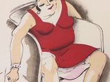 drawing of a woman in a red dress sitting in a chair