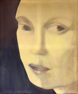 painting of a woman ' s face with a dark background
