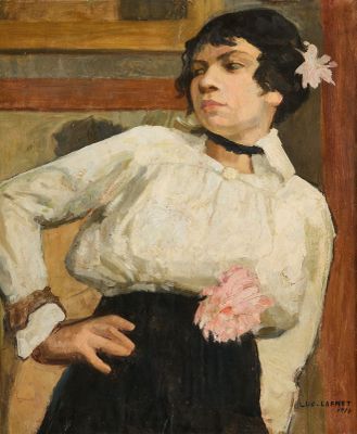 tableau représentant une femme vêtue d'une chemise blanche et d'une jupe noire, avec une fleur dans les cheveux