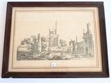 un vieux dessin représentant un château, encadré dans un cadre en bois accroché au mur