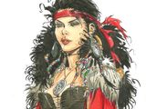 dessin représentant une femme vêtue d'un costume orné de plumes et portant des plumes sur la tête