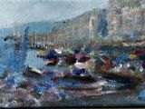 a painting of a harbor scene with boats and people