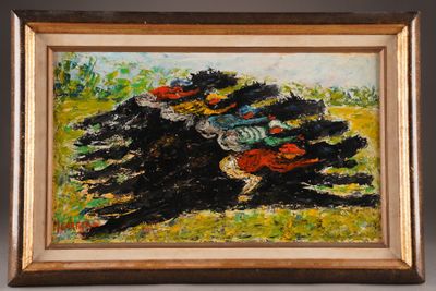 an oil painting of a group of horses running in a field