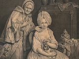 a drawing of two women sitting in a room
