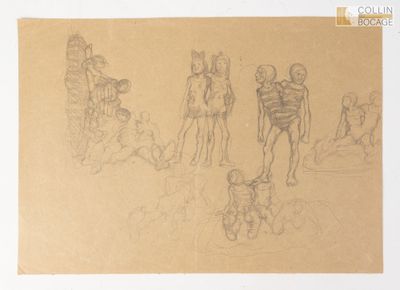 dessin représentant un groupe de personnes dans un champ avec un chien