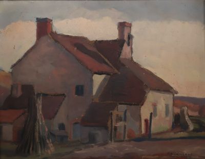 peinture représentant une maison au toit rouge et aux cheminées, dans un cadre champêtre