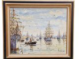 an oil painting of a harbor scene with ships in the water