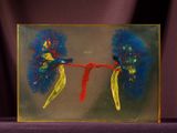 painting of two blue and yellow pom poms tied to a red ribbon
