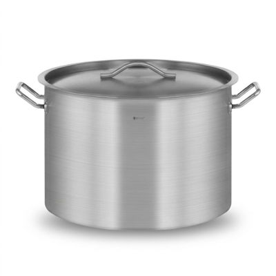 a large stainless steel pot with a lid on a white background