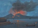 an image of a painting of a volcano in the distance with a boat in the foreground