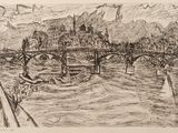 un dessin à l'encre représentant un pont enjambant une rivière, avec un château en arrière-plan