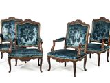 set of four louis xv style walnut and velvet upholstered armchairs