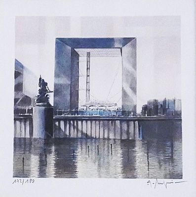 a painting of a bridge over a body of water