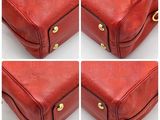 four pictures of a red purse with gold hardwares on it