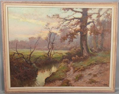 une peinture à l'huile représentant un paysage avec des arbres et un ruisseau