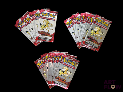 four packs of pokemon trading cards are shown on a black background