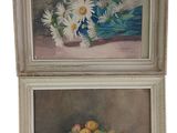 two paintings of flowers and fruit on a table with a blue vase