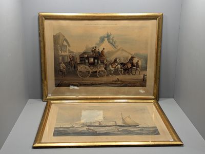 tableau représentant une calèche tirée par des chevaux, avec deux hommes à bord