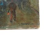an oil painting of a man walking down a street holding a red umbrella