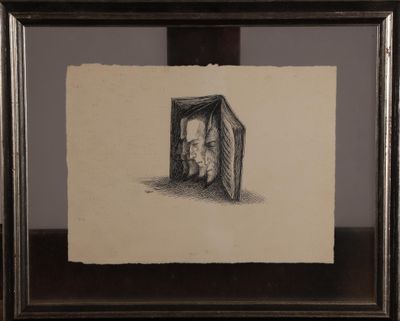 dessin au crayon représentant un homme regardant par la fenêtre, dans un cadre