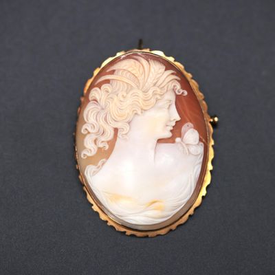 a close up of a woman ' s face in a shell cameo broocher
