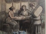drawing of three women sitting at a table in a room