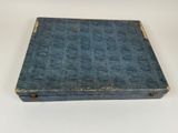 an old blue book sitting on top of a white table