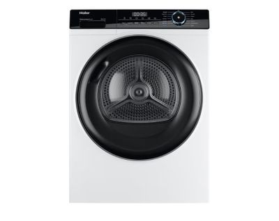 La machine à laver à chargement frontal est blanche et possède une porte noire.