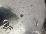 a close up of a silver plate with a bird on it