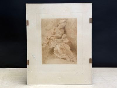 un vieux dessin représentant une femme assise sur une chaise posée sur une table