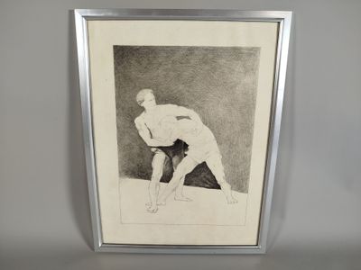 drawing of a man leaning on a wall with his hand on his hip