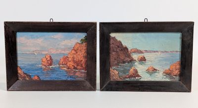 two framed paintings of a rocky coast and a body of water