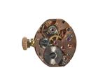 a close up of a watch movement on a white background