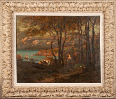 an image of a painting of a landscape with a lake in the background