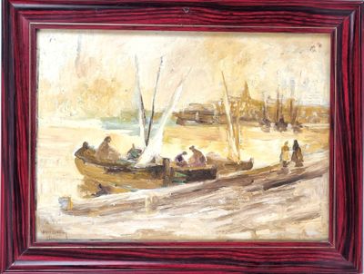 P. MATHIEU (XXe). "Barques de pêche", huile sur carton, sign…