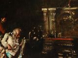 a painting of a man sitting on a chair in a room