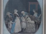 an old picture of a group of people sitting around a table