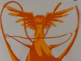 orange and white drawing of a woman with a bird on her head