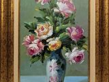 a painting of flowers in a vase on a table