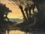 un tableau représentant un homme debout au milieu d'une rivière