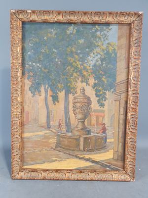 une peinture à l'huile représentant une fontaine dans une cour, avec des arbres en arrière-plan
