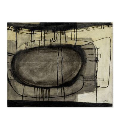 une peinture abstraite représentant un ovale noir et blanc sur fond blanc