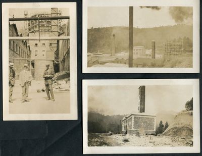 trois vieilles photographies en noir et blanc représentant des hommes au travail dans une usine