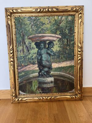 a painting of a statue holding an umbrella on a wooden floor