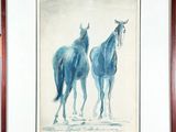 painting of two blue horses standing next to each other in a wooden frame