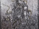 drawing of a man in a plague mask with chains around his neck