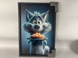 the wolf is holding a plate of food in front of a blue background