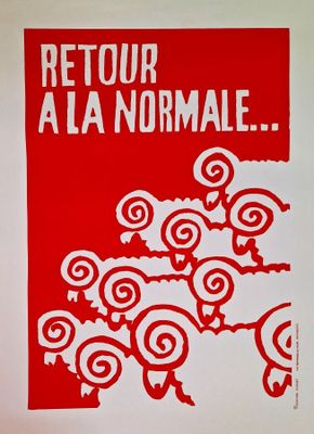 red and white poster of a flock of birds with the words retour a la normale