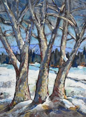 un tableau représentant trois arbres dans la neige près d'un lac