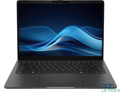 a close up of a laptop on a white background with a blue wave